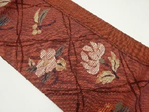 リサイクル　手織り真綿紬斜め格子に花模様織り出し名古屋帯